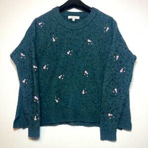 Madewell Floral Embroidered Dark Green Crewneck Pullover Sweater‎ Sz XS
